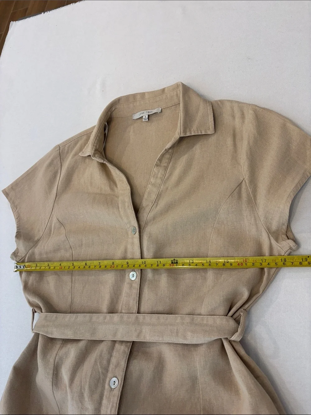 Love Tree Beige Short-Sleeve Collared Linen Blend Button Up Dress with Belt. S